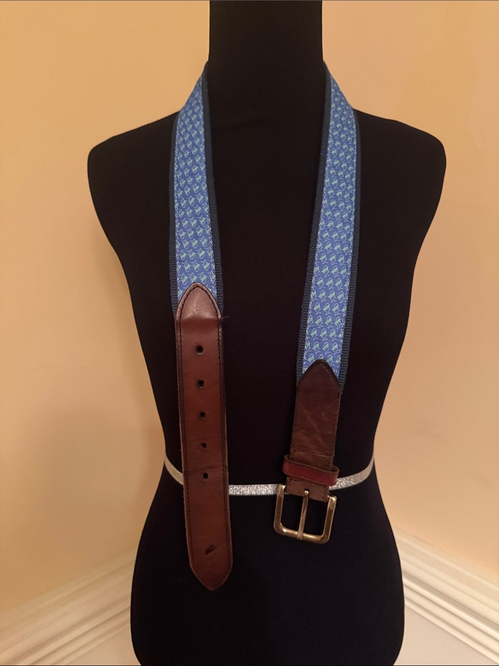 Fish Hippie Blue Patterned Canvas & Brown Leather Men's‎ Belt 36